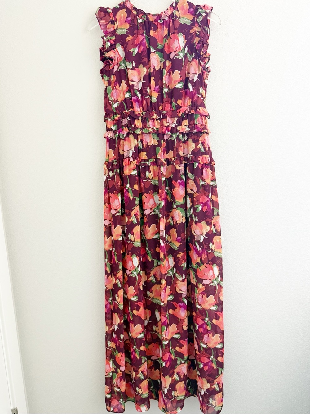 Vince Camuto Burgundy Floral Ruffled Chiffon Maxi Dress - Picture 2 of 7